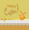 Funny Easter hare on a yellow-orange background with lace. Happy easter.