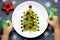 Funny edible Christmas tree for kids breakfast or dessert. Chris