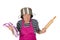 Funny elder woman with apron and pin roller
