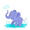 A funny elephant character plays in a puddle and makes a fountain with his trunk. Children`s print. flat vector