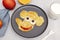 Funny elephant face shape snack from pancake on plate. Cute kids childrens baby`s sweet dessert, healthy breakfast,lunch, food ar