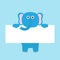 Funny elephant hanging on paper board template. Kawaii animal body. Cute cartoon character. Baby card. Flat design style. Blue bac