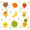 Funny emotion on cartoon fruits and vegetables. Vector illustration set