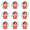 Funny emotions cute girl avatar icons set flat design vector illustration