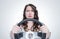 Funny emotions girl with car steering wheel, auto concept