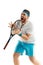 Funny emotions of professional tennis player isolated on white studio background, excitement in game