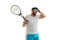 Funny emotions of professional tennis player isolated on white studio background, excitement in game