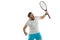 Funny emotions of professional tennis player isolated on white studio background, excitement in game