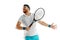 Funny emotions of professional tennis player isolated on white studio background, excitement in game