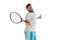Funny emotions of professional tennis player isolated on white studio background, excitement in game