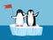 Funny Emperor Penguins on Arctic Glacier with Flag