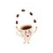 Funny energetic espresso cup character juggling coffee beans