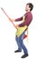 Funny energetic young man playing with broom during the cleanin