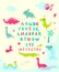 Funny english alphabet with cute dinosaurs. Educational poster for children. Various different dino babies snakes