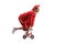 Funny entertainer in a red suit riding a small bike
