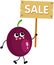 Funny exotic passion fruit mascot holding a wooden sign with sale inscription