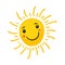 Funny eyed Sun. Sunshine cute summer logo. Spring light emotion, doodle vector isolated on white background.