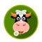 Funny face of a cow that eats chamomile. logo or label. flat vector illustration isolated on green background