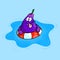 Funny face eggplant with a life belt floating on a water swimming pool.