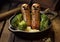 Funny face pork sausages and mashed potato with broccoli on wooden table.Macro.AI Generative