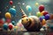 A funny fairytale snail celebrates carnival