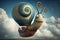 A funny fairytale snail flies as a hot air balloon