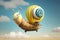 A funny fairytale snail flies as a hot air balloon