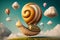 A funny fairytale snail flies as a hot air balloon