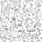 Funny farm birds family. Chicken and Rooster characters. Seamless pattern background for your design. Colouring Page