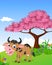 Funny farm with cow cartoon life background