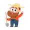Funny farmer, gardener character, holding shovel, waving hello, greeting