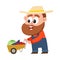 Funny farmer, gardener character pushing barrow, handcart with vegetables