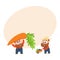 Funny farmers harvesting vegetables, holding giant carrot, pushing handcart, barrow