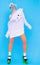 funny fashion girl in hoodie and colored tights on a blue background