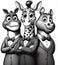 Funny and fashionable cartoon animals. Black and white illustration. Giraffe and two hippos