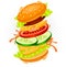 Funny fast food colorful vector illustration sandwich, hamburger, cheeseburger character, bun, tasty burger king cheese, t