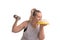 Funny fat blonde with dumbbell isolated shot