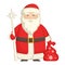 Funny fat Ded Moroz in a red coat. In hands he holds a staff with a star and a bag of gifts.