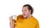 Funny fat man feeling happy and relaxed, holding fresh cold beer in his hands on white background