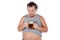 Funny fat man feeling happy and relaxed, holding fresh cold beer in his hands on white background