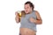 Funny fat man feeling happy and relaxed, holding fresh cold beer in his hands on white background