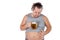 Funny fat man feeling happy and relaxed, holding fresh cold beer in his hands on white background