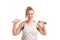 Funny fat woman with dumbbell isolated shot