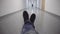 Funny feet sit on the floor in a long white corridor