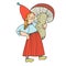 Funny female gnome holding giant mushroom. Fairy tale elf girl in cartoon style. Vector illustration for children