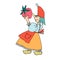 Funny female gnome holding giant strawbwerry. Fairy tale elf girl in cartoon style. Vector illustration for children