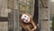 Funny female mime in street shows pantomime