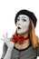 Funny female mime on white. Portrait with close view on woman