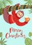 Funny festive greeting card with a cute sloth. Vector illustration. Tropical Christmas poster.