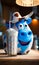 Funny figurine of a blue cow in a cowboy hat looking surprised. Same size glass with cocktail with a straw beside. Generative AI